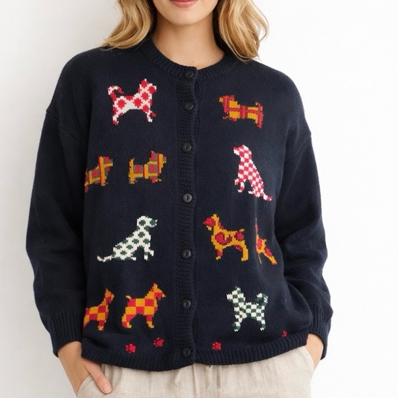 Vintage Sweaters - Vintage Dog Cotton Cardigan Sweater 80s 90s Navy L Novelty Grandma Cottagecore